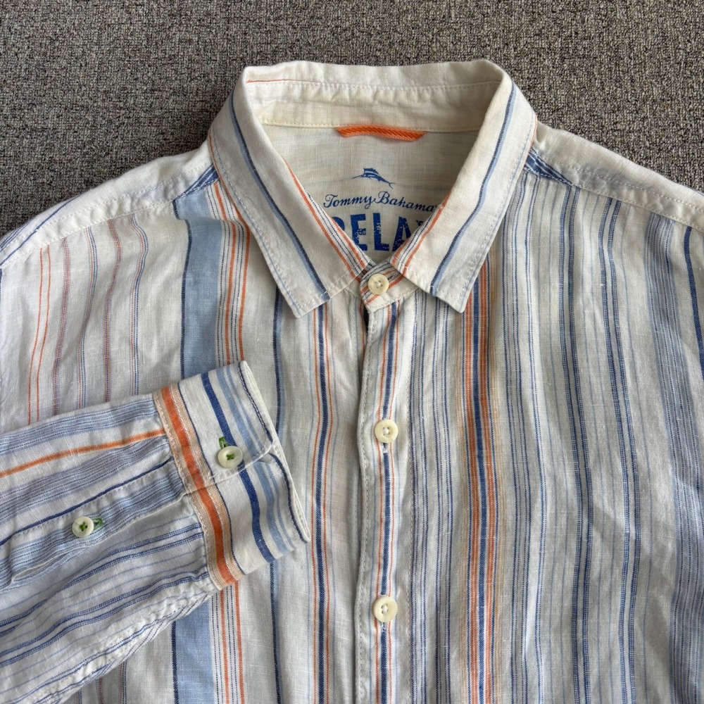 Tommy Bahama Shirt Mens XL Relax White Blue Orange Striped Linen Button-Down